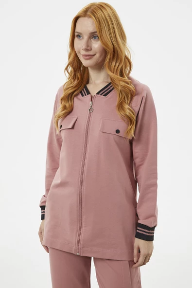 Örme Yaka Fermuarlı Tunik Eşofman Takım - Gül - Resim 4