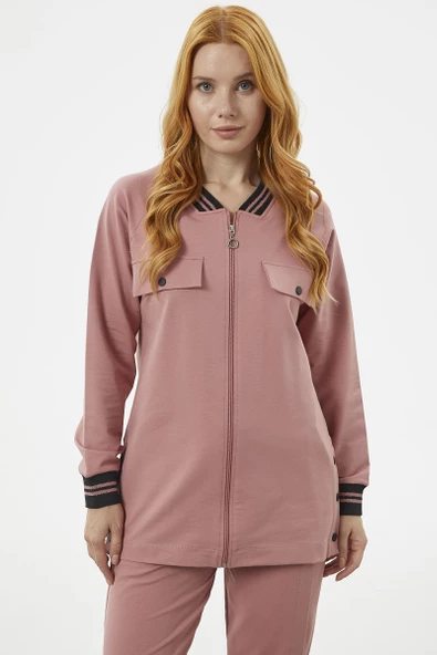 Örme Yaka Fermuarlı Tunik Eşofman Takım - Gül - Resim 5