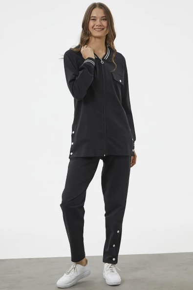 Örme Yaka Fermuarlı Tunik Eşofman Takım - Siyah - Resim 3