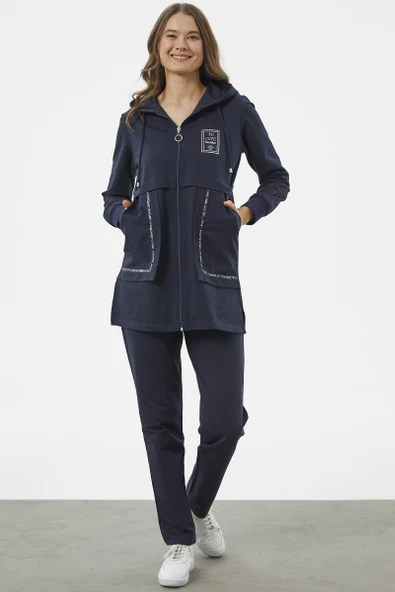 Kapüşonlu Biye Detaylı Fermuarlı Eşofman Takımı - Lacivert ürün görseli
