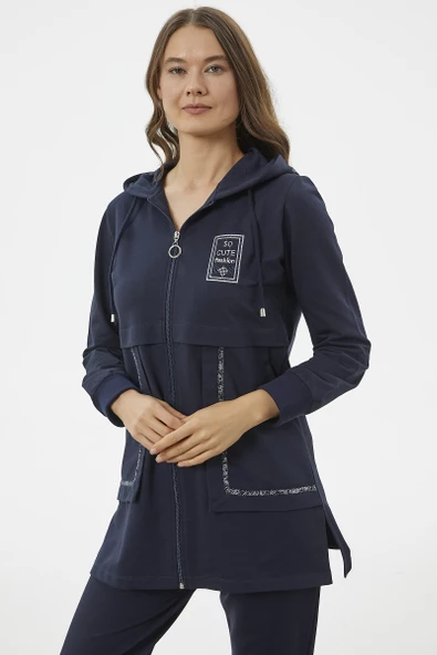 Kapüşonlu Biye Detaylı Fermuarlı Eşofman Takımı - Lacivert - Resim 4