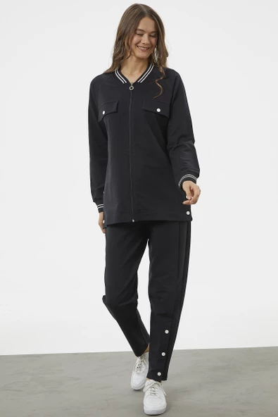 Örme Yaka Fermuarlı Tunik Eşofman Takım - Siyah - Resim 2