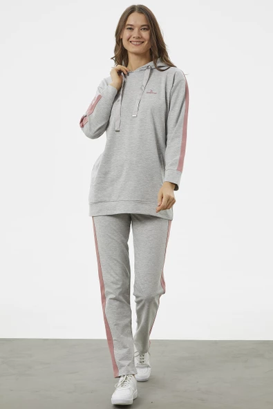 Çift Renk Kapüşonlu Eşofman Takım - Gri - Resim 2