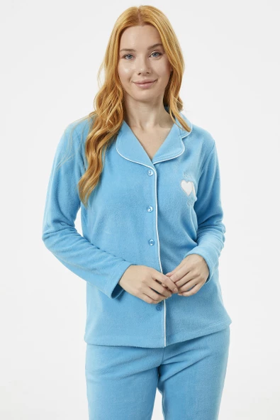 Gömlek Yaka Düğmeli Polar Pijama Takım - Mavi - 5