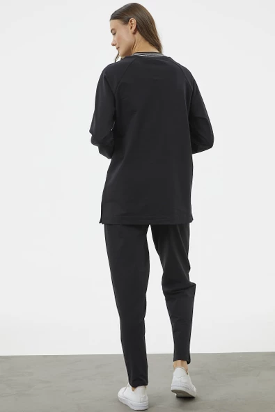 Örme Yaka Fermuarlı Tunik Eşofman Takım - Siyah - Resim 6