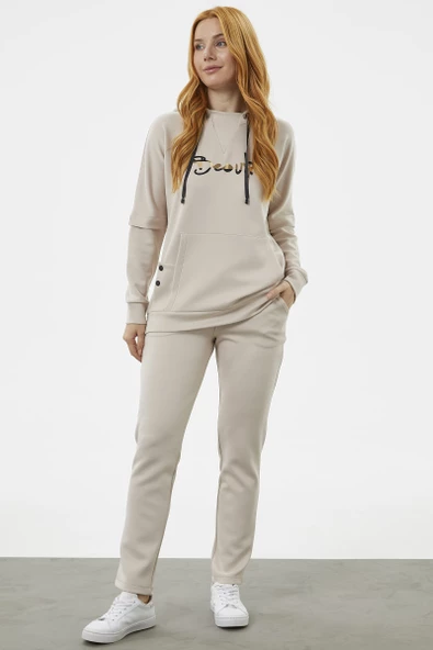 Kanguru Cepli Dalgıç Kumaş Eşofman Takım - Taş - 2