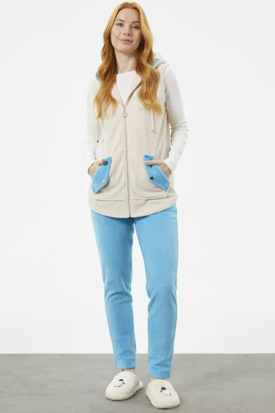 Yelekli Çift Renk Polar Eşofman Takım - Bej - Resim 5