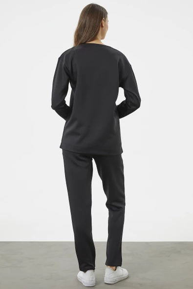 Baskılı Sıfır Yaka Oversize Eşofman Takım - Siyah - 6