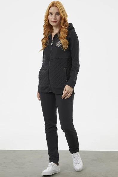 Kapüşonlu Kapitone Detaylı Eşofman Takım - Siyah - Resim 2