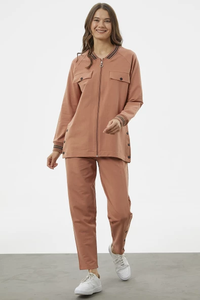 Örme Yaka Fermuarlı Tunik Eşofman Takım - Somon ürün görseli