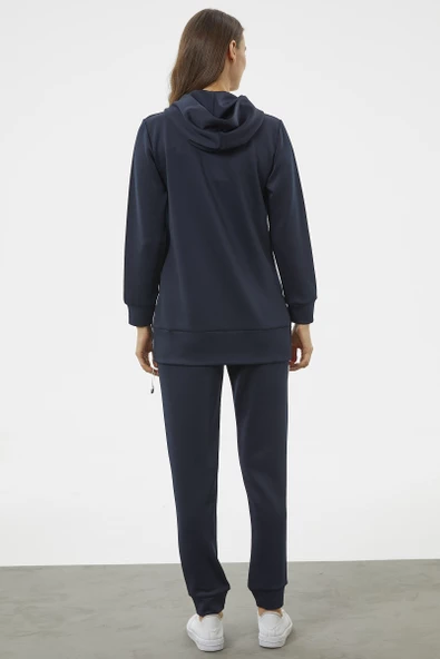 Dalgıç Kumaş Kapüşonlu Tunik Eşofman Takım - Lacivert - Resim 5