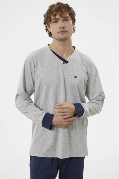 V Yaka Rahat Kalıp Pijama Takım - Gri - 3