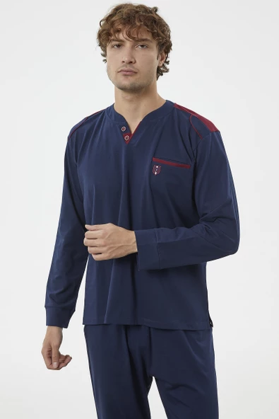 Hakim Yaka Cepli Pijama Takım - Lacivert - 3