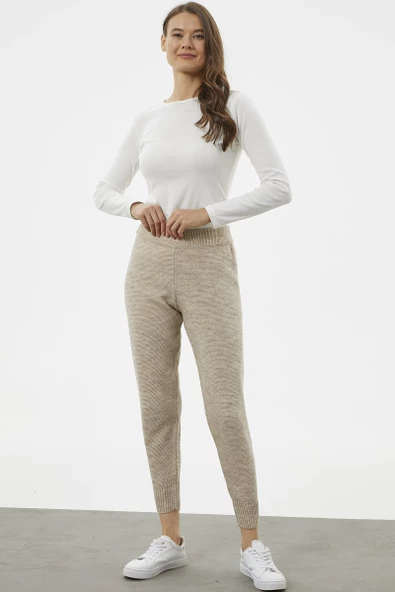 Jogger Rahat Kalıp Triko Pantolon - Bej - 4