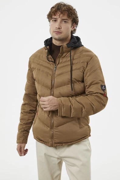 Renk Kombinli Kapüşonlu Kısa Mont - Vizon - 5