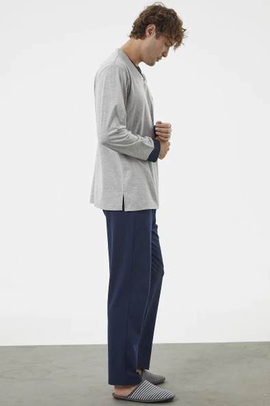 V Yaka Rahat Kalıp Pijama Takım - Gri - 4