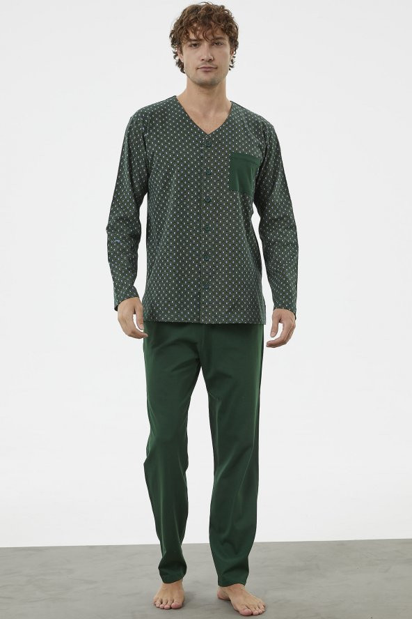 V Yaka Düğmeli Pijama Takım - Yeşil