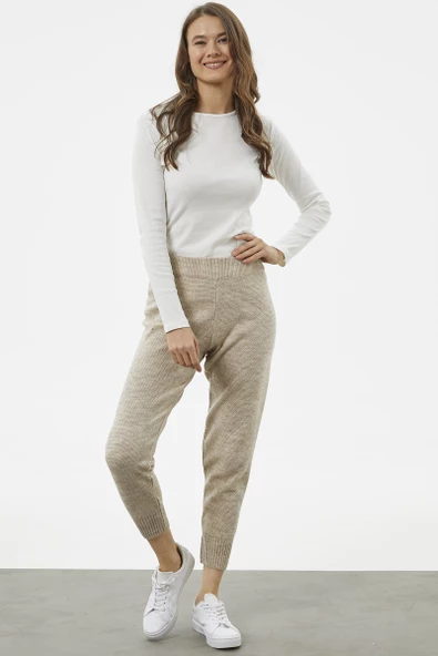 Jogger Rahat Kalıp Triko Pantolon - Bej - 3