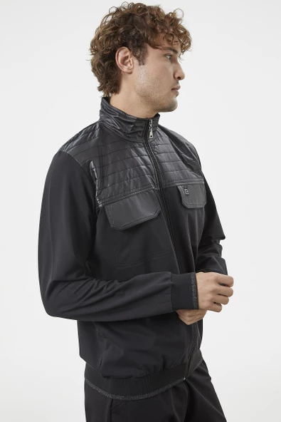 Kapitone Dik Yaka Fermuarlı Eşofman Takım - Siyah - Resim 3