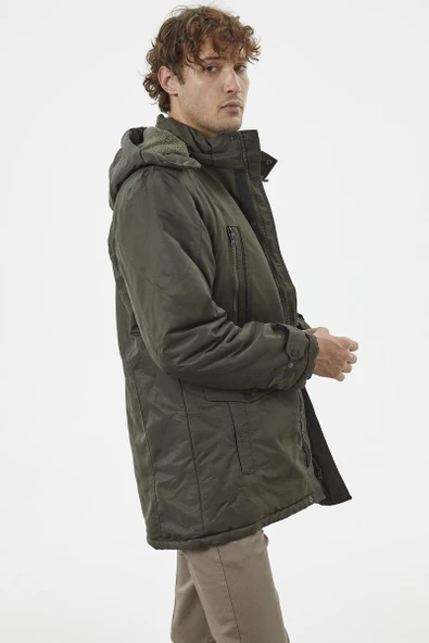 İçi Komple Pelüş Kapüşonlu Mont - Haki - 4