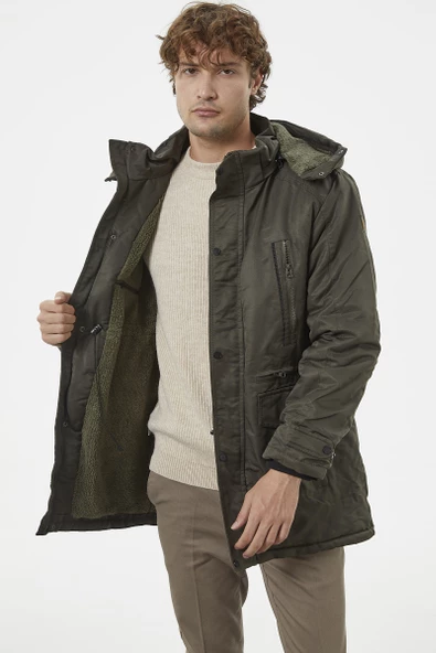 İçi Komple Pelüş Kapüşonlu Mont - Haki - 3