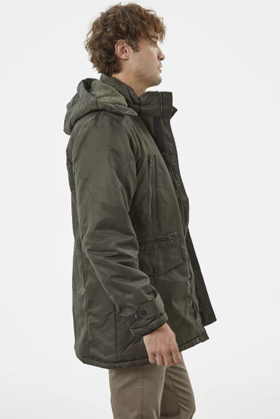 İçi Komple Pelüş Kapüşonlu Mont - Haki - 5