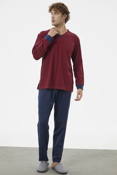 V Yaka Rahat Kalıp Pijama Takım - Bordo - 2