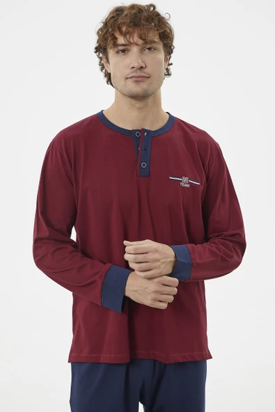 Patlı Çift Renk Düğmeli Pijama Takımı - Bordo - 2