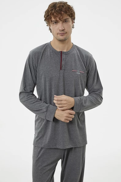 Patlı Çift Renk Düğmeli Pijama Takımı - Antrasit - 3