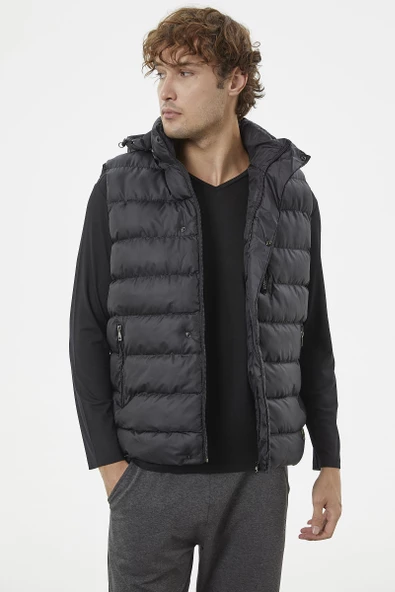 Çıkma Kapüşonlu Fermuarlı Şişme Yelek - Siyah - Resim 2