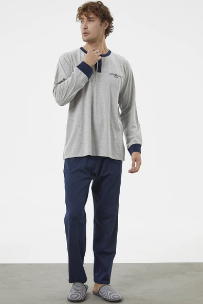 Patlı Çift Renk Düğmeli Pijama Takımı - Gri - 3