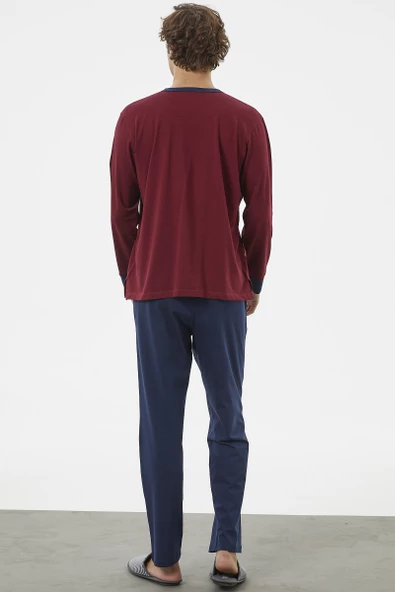 Patlı Çift Renk Düğmeli Pijama Takımı - Bordo - 5