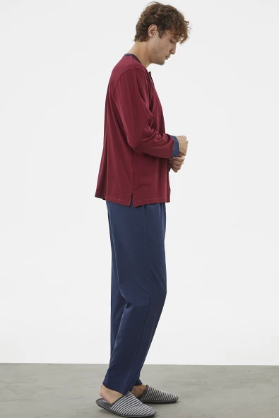 Patlı Çift Renk Düğmeli Pijama Takımı - Bordo - 3