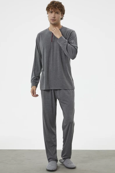 Patlı Çift Renk Düğmeli Pijama Takımı - Antrasit - 2