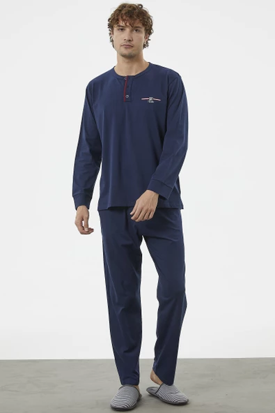 Patlı Çift Renk Düğmeli Pijama Takımı - Lacivert - Resim 2