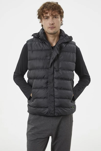 Çıkma Kapüşonlu Fermuarlı Şişme Yelek - Siyah - Resim 4