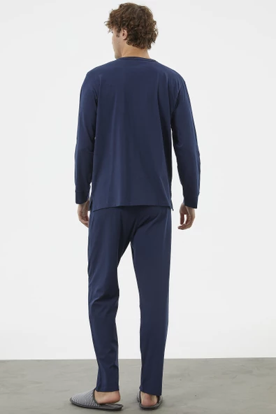 Patlı Çift Renk Düğmeli Pijama Takımı - Lacivert - Resim 5