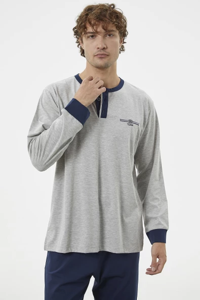 Patlı Çift Renk Düğmeli Pijama Takımı - Gri - 4