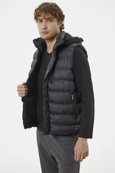 Çıkma Kapüşonlu Fermuarlı Şişme Yelek - Siyah - Resim 3