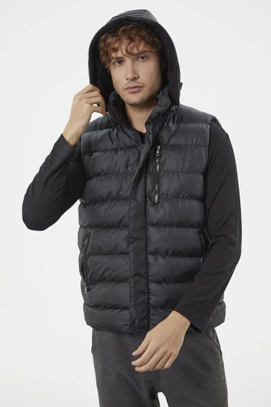 Çıkma Kapüşonlu Fermuarlı Şişme Yelek - Siyah - Resim 5