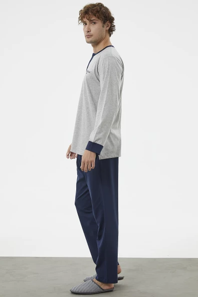 Patlı Çift Renk Düğmeli Pijama Takımı - Gri - 5