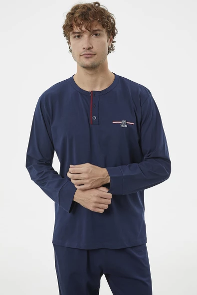 Patlı Çift Renk Düğmeli Pijama Takımı - Lacivert - Resim 3