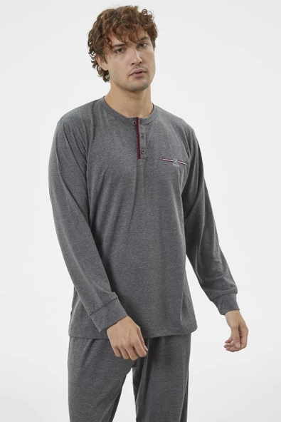 Patlı Çift Renk Düğmeli Pijama Takımı - Antrasit - 4