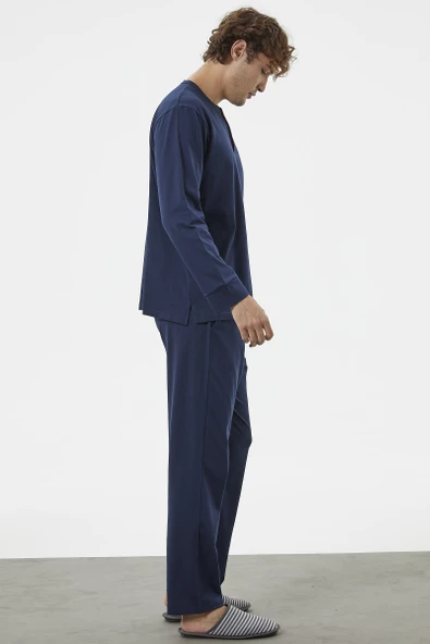Patlı Çift Renk Düğmeli Pijama Takımı - Lacivert - Resim 4