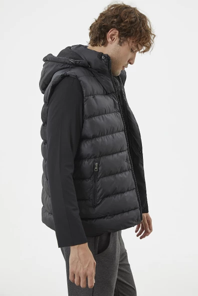 Çıkma Kapüşonlu Fermuarlı Şişme Yelek - Siyah - Resim 6