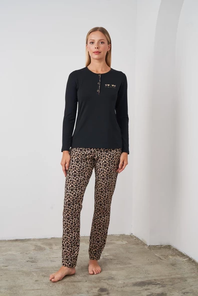 Pjs 24512 Kadın Leopar Desenli Patlı Pijama Takım