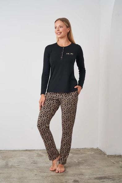 Pjs 24512 Kadın Leopar Desenli Patlı Pijama Takım - 2