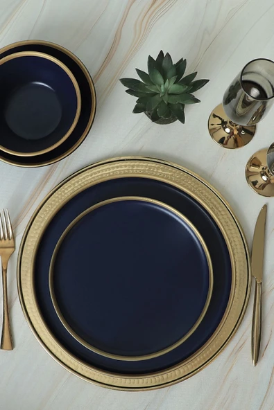 Keramika Mat Lacivert Gold Fileli Yemek Takımı 24 Parça 6 Kişilik - 4