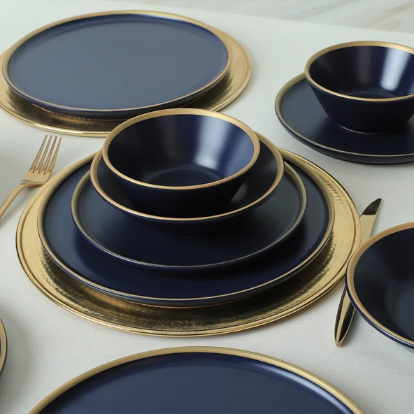 Keramika Mat Lacivert Gold Fileli Yemek Takımı 24 Parça 6 Kişilik - 5