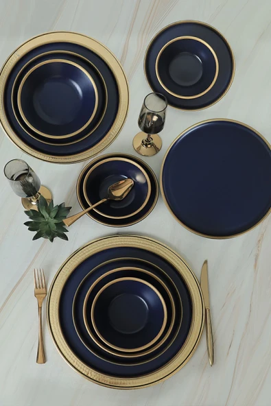 Keramika Mat Lacivert Gold Fileli Yemek Takımı 24 Parça 6 Kişilik - 3